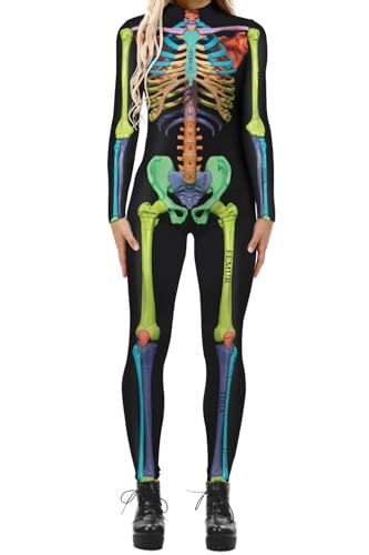 Evioset Halloween-Kostüm für Damen, 3D-Druck, Skelett, Cosplay, Totenkopf, einteilig, Strampler, Jumpsuit, buntes Skelett, Größe S - M von Evioset