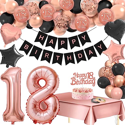 18 Geburtstag Deko, 18. Geburtstag Mädchen, Deko 18. Geburtstag Mädchen, Rosegold Schwarz Happy Birthday Banner Konfetti luftballon Frauen Mädchen Geburtstag Deko 18 Geburtstag Party Deko Supplies von Eviznbou