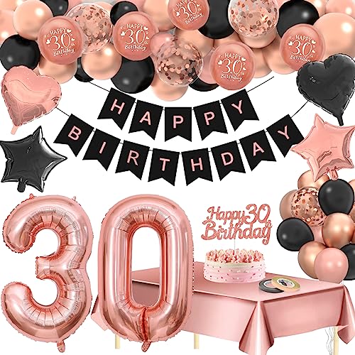 30 Geburtstag Deko Frauen, 30 Geburtstag Frauen, Deko 30 Geburtstag Frau, Rosegold Schwarz Happy Birthday Banner Konfetti luftballon Frauen Mädchen Geburtstag Deko 30 Geburtstag Party Deko Supplies von Eviznbou