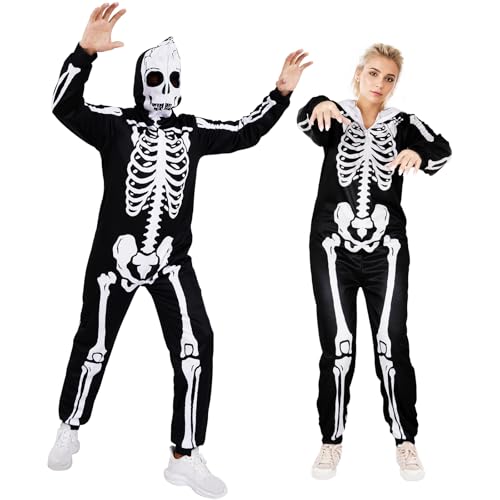 Evolyline Halloween Kostüm Skelett Jumpsuit Herren, Unisex Halloween Kostüme Overall Damen Gruselig Kostüme für Halloween mit Kapuze, Horror Schwarzer Skelett Kostüm Männer Halloween Kostüme Frauen von Evolyline