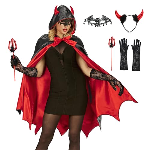 Evolyline Teufel Kostüm Damen Halloween Vampir Umhang Devil Costume Gruselig Frauen mit Kapuze Schwarz Rot Doppelseitig mit Teufelsgabel, Spitzenaugenklappe, Spitzenhandschuhen und Teufelshörner von Evolyline