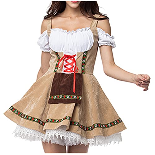 Ewleguzka Damen Oktoberfest Outfit Bier Bayernisches Kleid Dienstmädchen Kostüm Verkleidung Schnüren Enges Kleid Traditionelle Halloween Party Plaid Kleid Cosplay Dress Up Outfit Kit von Ewleguzka