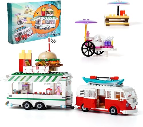 Exairetikos Ideas Urlaub Camper Van Klemmbausteine Bausteinen，Kreatives Food Truck Modell mit Burgern und Pommes Frites, Getränkestand – lustiges Wohnmobil Spielzeug für Jungen ab 6-16+ Jahren,883PCS von Exairetikos