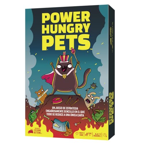 Exploding Kittens Power Hungry Pets | täuschend einfaches Strategiespiel, bei dem Alles auf eine einzige Karte reduziert Wird, ab 7 Jahren, 2 bis 6 Spieler, 15 Min. pro Spiel, Spanisch von Exploding Kittens