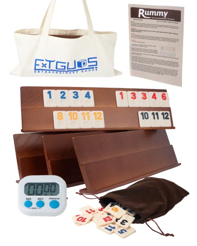 Rummy Cube Game Set, 106 Rummy Tiles Game,Klassisches Holz Rommé Spiel,mit 4 Holzregalen,Tragbare Canvas Tasche,1 Timer,1 Samt Aufbewahrungstasche,Geeignet für 4 Spieler von Extguds