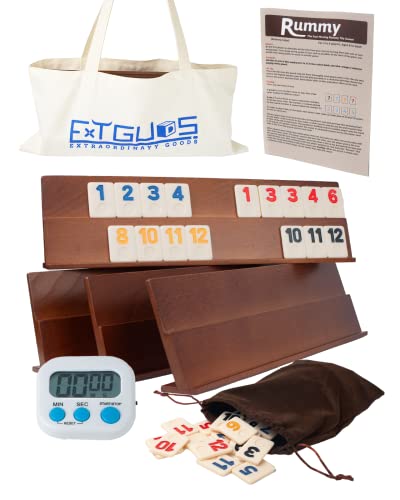 Extguds Deluxe Rommé-Würfel-Spiel-Set, 106 Spielsteine, Rommé-Würfel-Spiel, klassisches Rommé-Spiel aus Holz, mit 4 handgefertigten Holzregalen, tragbarer Canvas-Tasche, Rommé-Fliesen, Reiseset für von Extguds