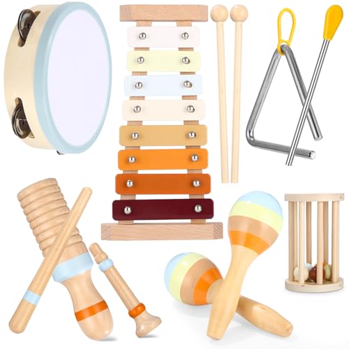 Exyvox Musikinstrumente für Kinder, 12 PCS Baby-Musikinstrumente, Kinderspielzeug Ab 2 Jahre, Musikinstrumente Musical Instruments Set, Percussion-Instrumente Set mit Xylophon, Holzspielzeug. von Exyvox