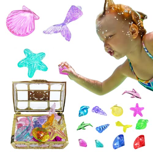 16-teiliges Tauchspielzeug mit Edelsteinen für Kinder, Tauchspielzeug, Pool-Tauchedelsteine ​​für Kinder mit Schatztruhe, Ozeanthema, bunte Acryl-Diamant-Edelsteine, Tauchspielzeug, Partygeschenke von Eyccier