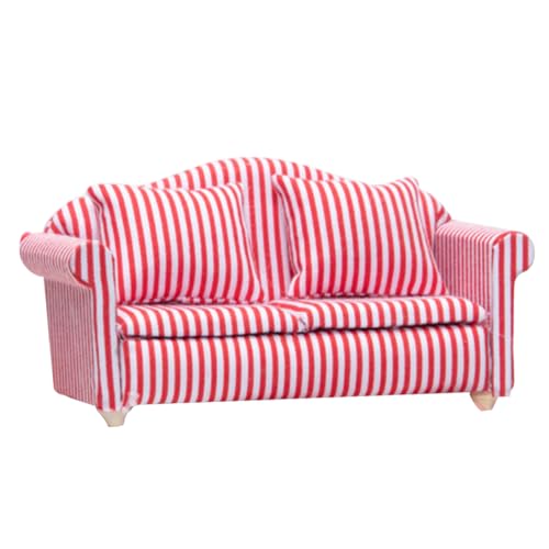 Dollhouse Couch 2 Sitz 1:12 Simulation Miniaturpuppenhaus Sofa mit Kissen DIY Polished Decorative Dollhouse Möbel, gestreift. von Eyccier