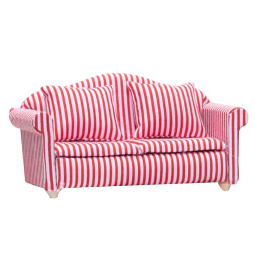 Eyccier Dollhouse Couch 2 Sitz 1:12 Miniatur -Couch Simulation Miniaturpuppenhaus Sofa mit Kissen DIY polierte dekorative Puppenhausmöbel, gestreift von Eyccier