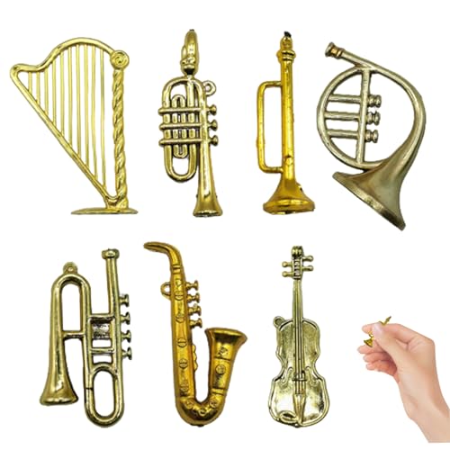 Eyccier Miniatur -Musikinstrumente 7pcs/Set Plastik Saxophon Weihnachtsverzierung Hängen winzige Geige mit Lochhaken Goldene Spielzeug -Trompete für Dollhouse, Weihnachtsbaum. von Eyccier