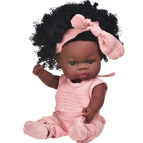 Eyccier Schwarzes Mädchen Simulation 13inch Vinyl gekleidet realistische Babypuppe mit Bowknot posiable niedliche afrikanische Babypuppen für Kinder im Alter von 4 bis 6 Jahren, Schwarze Haut. von Eyccier