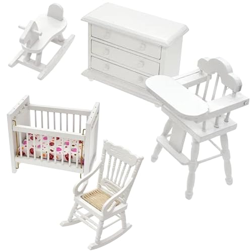 Puppenhausmöbel, Maßstab 1:12, 5 teiliges Puppenhausmöbelset aus Holz, sichere Babypuppenmöbel, Mini Puppenhaus Schlafzimmer Möbel von Eyccier