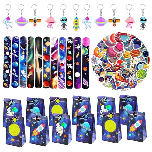 86pcs Weltraum Mitgebsel Kindergeburtstag Set,Astronaut Party Gastgeschenke Kinder mit Schlüsselanhänger Schnapparmbänder Geschenktüten Tattoo Aufkleber für Kinder Jungen Mädchen Geburtstagsdeko von Eymobad