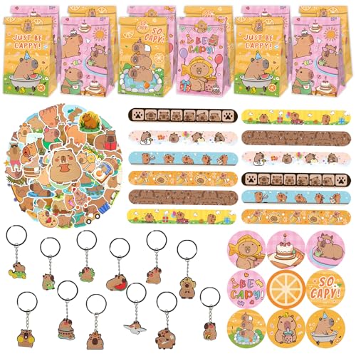 Eymobad 86PCS Capybara Cartoon Geburtstag Geschenk Set,Capybara Kinder Geburtstag Party Geschenke,Capybara Party Favour Supplies mit 12 Geschenktüten 12 Armband 12 Schlüsselanhänger 50 Sticker Eymobad 86PCS Capybara Cartoon Geburtstag Geschenk Set,Capybara Kinder Geburtstag Party Geschenke,Capybara Party Favour Supplies mit 12 Geschenktüten 12 Armband 12 Schlüsselanhänger 50 Sticker von Eymobad