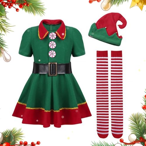 Elfenkostüm für Kinder, Weihnachtselfen-Kostüm für Jungen und Mädchen, Kinder-Elfen-Outfit, Weihnachtssack für Kinder, Grün, Rot (Mädchen, 90 cm) von Eznaobo