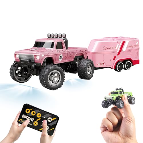 Eznaobo Monster Truck Spielzeug, 2.4G Ferngesteuertes Auto, Mini RC Monster Truck, USB Wiederaufladbarer Unterlauf mit Anhänger, Karosserielichter & Scheinwerfer, Maßstab 1:64 RC Monster Truck für von Eznaobo