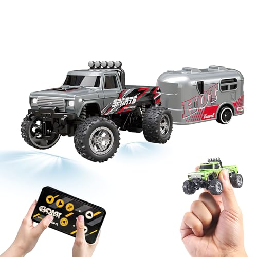 Eznaobo Monster Truck Spielzeug, 2.4G Ferngesteuertes Auto, Mini RC Monster Truck, USB Wiederaufladbarer Unterlauf mit Anhänger, Karosserielichter & Scheinwerfer, Maßstab 1:64 RC Monster Truck für von Eznaobo