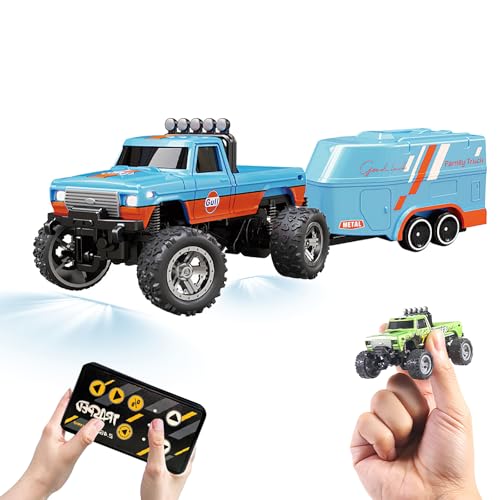 Eznaobo Monster Truck Spielzeug, 2.4G Ferngesteuertes Auto, Mini Rc Monster Truck, USB Wiederaufladbarer Unterlauf mit Anhänger, Karosserielichter & Scheinwerfer, Maßstab 1:64 RC Monster Truck für von Eznaobo