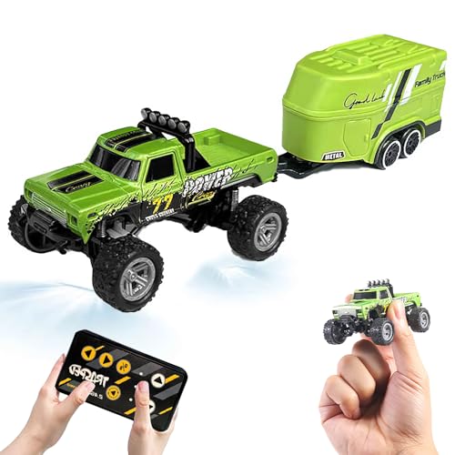 Eznaobo Monster Truck Spielzeug, 2.4G Ferngesteuertes Auto, Mini Rc Monster Truck, USB Wiederaufladbarer Unterlauf mit Anhänger, Karosserielichter & Scheinwerfer, Maßstab 1:64 RC Monster Truck für von Eznaobo