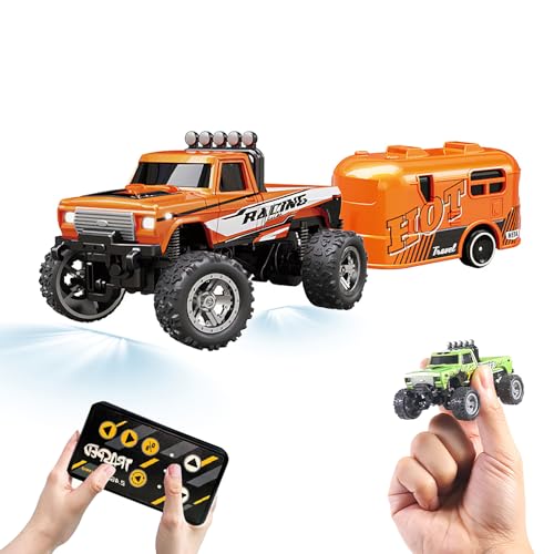 Eznaobo Monster Truck Spielzeug, 2.4G Ferngesteuertes Auto, Mini Rc Monster Truck, USB Wiederaufladbarer Unterlauf mit Anhänger, Karosserielichter & Scheinwerfer, Maßstab 1:64 RC Monster Truck für von Eznaobo