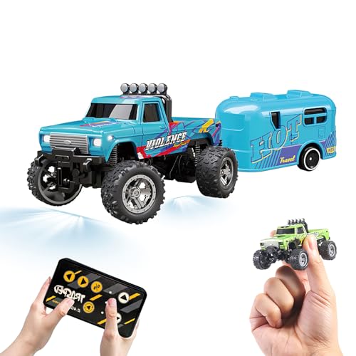 Monster-Truck-Spielzeug, 2,4 G ferngesteuerter Monster-Truck, Mini-RC-Monster-Truck, über USB wiederaufladbar, Unterlauf mit Anhänger, Karosserielichter und Scheinwerfer, Maßstab 1:64, ferngesteuerter von Eznaobo