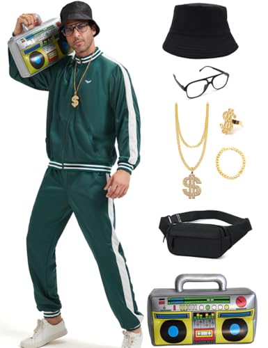 Ezuwail 80 er Outfits Herren Trainingsanzug Set Karneval Casual Sportswear 80er Herren Outfit Für Party 90er Nostalgie Outfits 90er Outfit Herren Grün M 9Stk von Ezuwail