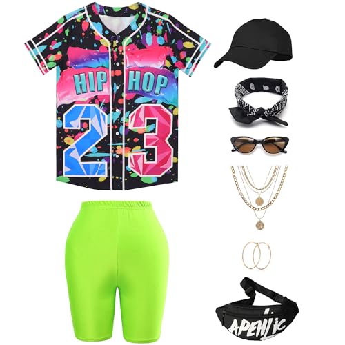 Ezuwail 80er 90er Jahre Outfit Damen Kostüm 80er Jahre Hip Hop Hemd Leggings Tasche Sonnenbrillen Accessoires 90er Trainingsanzug Karneval (Schwarz, XL) von Ezuwail