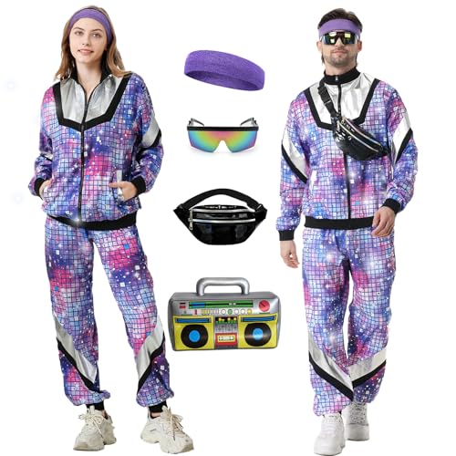 Ezuwail 80er 90er Jahre Outfit Herren Damen, Kostüm 80s Tracksuit Disco Jacke und Hose, 80s 90s Retro Anzug Jogging Anzug Unisex mit Gürteltasche Brille für Bad Taste Party, Karneval (Lila, XXL) von Ezuwail