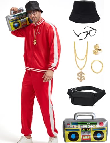 Ezuwail 80er 90er Outfit Herren 80er 90er Outfit Trainingsanzug Für Hip Hop Rapper 80er Kostüm Outfit Herren Halloween Karneval Kleidung Rot L 9Stk von Ezuwail