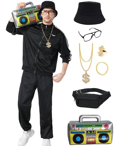 Ezuwail 80er Jahre Trainingsanzug Outfit Herren 90er Jahre Hip Hop Shell Anzug Kostüm Herren 80er Jahre Outfit Retro Halloween Kostüme Schwarz 3XL von Ezuwail