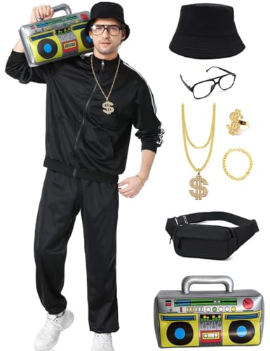 Ezuwail 80er Outfit Trainingsanzug 90er Hip Hop Rapper Shell Anzug Party Kostüm Herren Halloween Karneval Kostüme 80 er Jahre Kostüm Herren Schwarz S 9Stk von Ezuwail