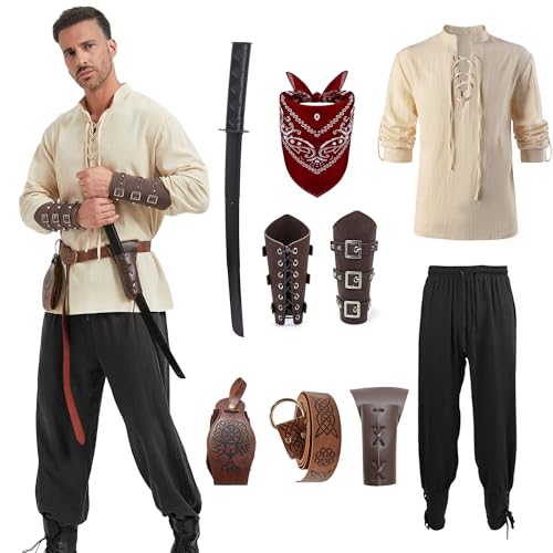 Ezuwail 9 Stück Männer Renaissance Kostüm Set Mittelalterliches Piratenhemd Wikinger Knöchelband von Ezuwail