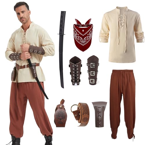 Ezuwail 9 Stück Männer Renaissance Kostüm Set Mittelalterliches Piratenhemd Wikinger Knöchelband von Ezuwail