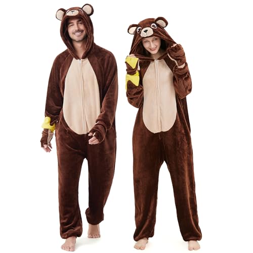 Ezuwail Bärenkostüm Onesie Damen Unisex Erwachsene Bär Kostüm Pyjama Fleece Flauschig Jumpsuit Damen für Cosplay Halloween Karneval Ezuwail Bärenkostüm Onesie Damen Unisex Erwachsene Bär Kostüm Pyjama Fleece Flauschig Jumpsuit Damen für Cosplay Halloween Karneval von Ezuwail