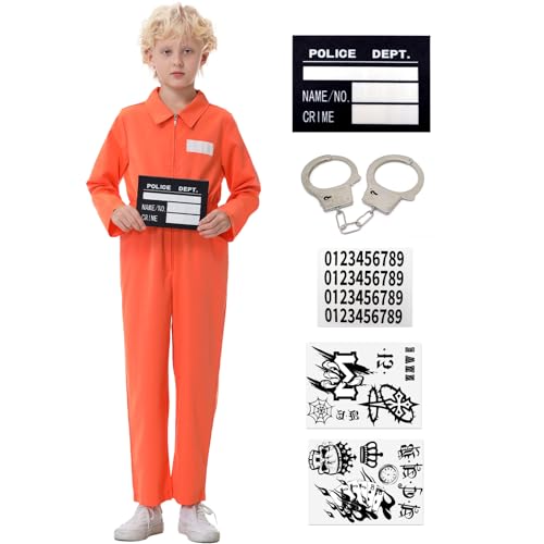 Ezuwail Gefangener Kostüm Kinder Verurteilte Sträfling Kostüm Kinder Orange Halloween Karneval Cosplay Gefängnis Kostüm Jungen Mädchen 6Stk(Orange/140cm) von Ezuwail