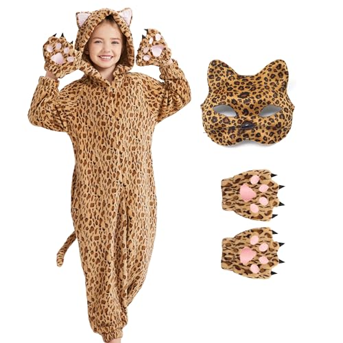 Ezuwail Leoparden Kostüm Kinder Gepard Strampler Mädchen Tier Pyjama Onesie Halloween Tier Cosplay Faschingskostüm Mädchen Jungen von Ezuwail