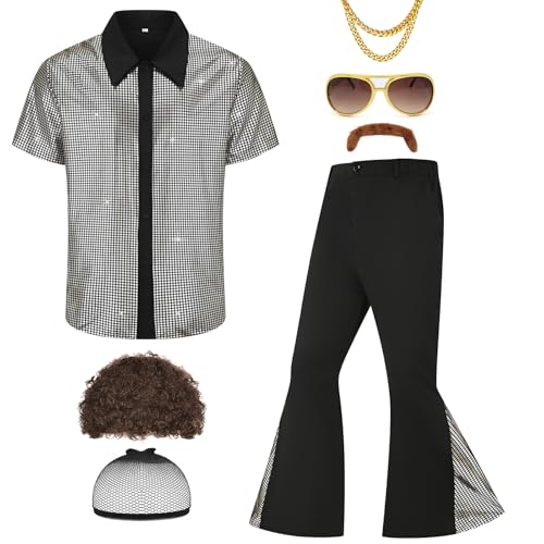 Ezuwail Herren 70er Jahre Disco Outfit Kostüm Kurzarmhemden Schlaghosen Perücken Halskette Schnurrbart Sonnenbrille 6Pcs Ezuwail Herren 70er Jahre Disco Outfit Kostüm Kurzarmhemden Schlaghosen Perücken Halskette Schnurrbart Sonnenbrille 6Pcs von Ezuwail