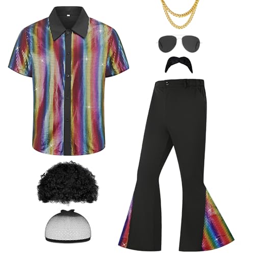 Ezuwail Herren 70er Jahre Disco Outfit Kostüm Kurzarmhemden Schlaghosen Perücken Halskette Schnurrbart Sonnenbrille 6Pcs Ezuwail Herren 70er Jahre Disco Outfit Kostüm Kurzarmhemden Schlaghosen Perücken Halskette Schnurrbart Sonnenbrille 6Pcs von Ezuwail