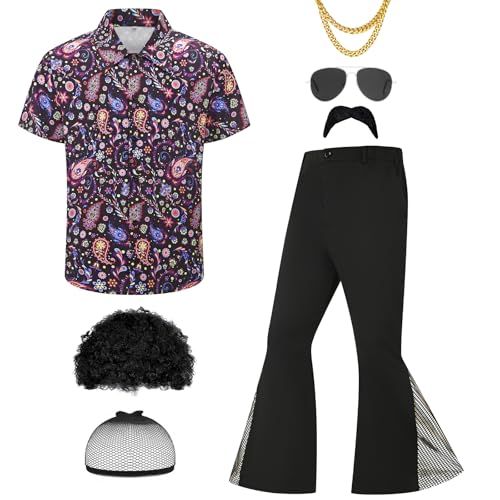 Ezuwail Herren 70er Jahre Disco Outfit Kostüm Kurzarmhemden Schlaghosen Perücken Halskette Schnurrbart Sonnenbrille 6Pcs Ezuwail Herren 70er Jahre Disco Outfit Kostüm Kurzarmhemden Schlaghosen Perücken Halskette Schnurrbart Sonnenbrille 6Pcs von Ezuwail