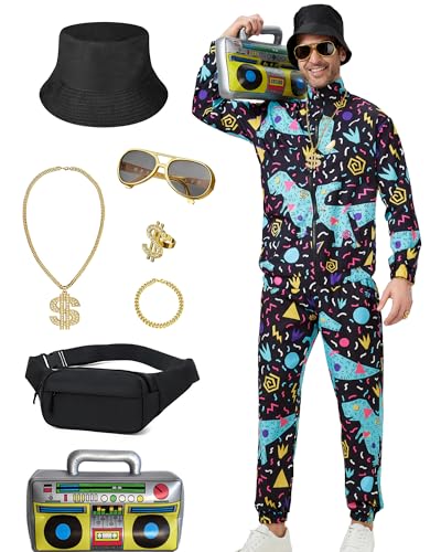 Ezuwail Hippie Kostüm Outfit Herren 80er Jahre Trainingsanzug Retro Sportbekleidung Outfits 90er Jahre Outfits Halloween Karneval 9Stk(Schwarz Grün/2XL) von Ezuwail