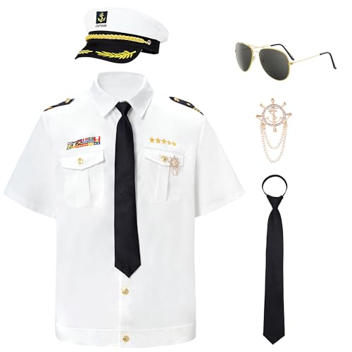 Ezuwail Kapitän Hemd, Kapitän Kostüm Kapitän Matrose Kostüm mit Marine Hut, Pfeife, Sonnenbrille, Krawatte, Anker Pin, Fancy Dress Kostüme für Männer Faschingskostüme von Ezuwail