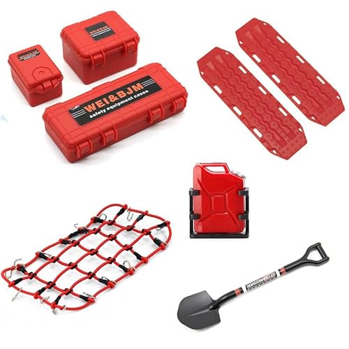 Ezweiji RC Crawler Zubehör, RC Crawler Dachdekoration 8 in 1 Tankaufbewahrungsbox, Gepäcknetz, Schaufel für Traxxas Slash Axial SCX10 90046 D90 TRX4 1/10 RC Crawler Car Truck Dachträger (Rot) von Ezweiji