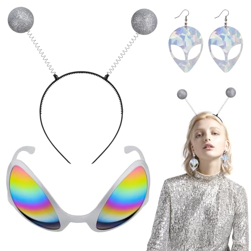 Ezydka Alien Kostüm Set, Alien Kostüm Zubehör Weltall Kostüm Accessoires Glitzer Alien Haarreif Alien Brille Fasching Kopfschmuck für Karneval, Alien Kostüm, Weltall Kostüm, Halloween,Space Girl von Ezydka