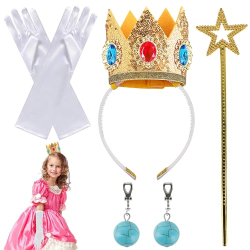 Ezydka Prinzessin Kostüme Set 4 Stück Prinzessin Peach Kostüm Zubehör Von Prinzessin Peach Krone, Zauberstab, Handschuhe, Ohrringe für Karneval Halloween Geburtstage Karneval Cosplay, Mädchen von Ezydka