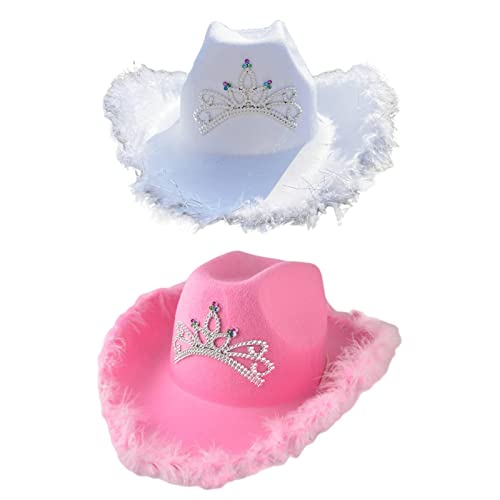 F Fityle 2er Pack Cowboy Hüte mit Tiara Krone, Wild West Hut, Breite Krempe, für Damen, Tracht von F Fityle