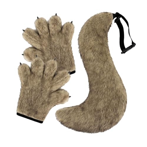 F Fityle Halloween Wolfspfoten-Handschuhe und Schwanz-Set, Requisiten-Kostüm-Set für Feiern und Partys, Leichter Kaffee von F Fityle