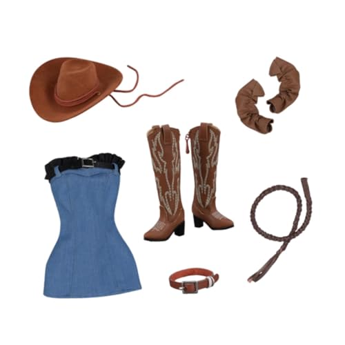 F Fityle Puppenkleidung für Damen im Maßstab 1/6, Cowboyhut, Kostüm, Cowboystiefel, handgefertigter Jeansrock für 12'' Actionfiguren, Accessoire von F Fityle