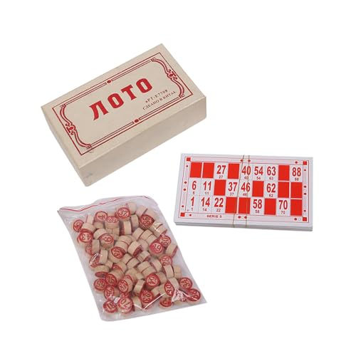 F Fityle Russisches Lottospiel, interessante Klassische Bingokarten, mit Aufbewahrungsbox, lustiges tragbares Vintage-Bingo-Set aus Holz für Partys von F Fityle