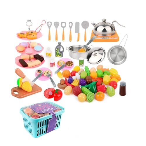 F Fityle Spielküchen-Zubehör-Set mit Töpfen und Pfannen, Rollenspiel, Dessertständer, Schneidespiel, Lebensmittelspielzeug für Jungen, Mädchen, Kleinkinder, von F Fityle